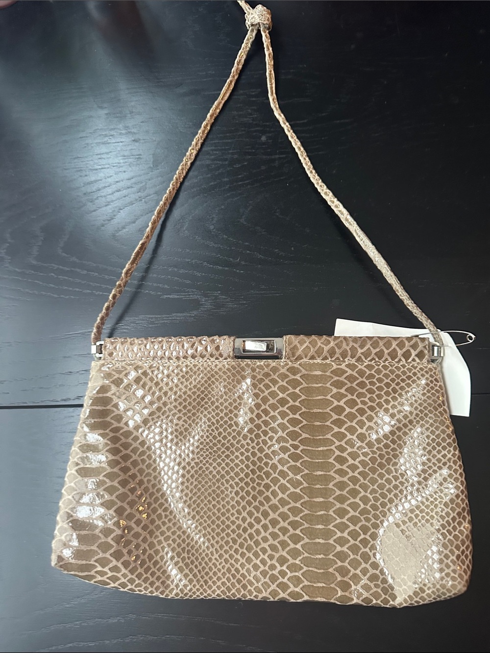Valerie Jean USA Beige Taupe Snake-Embossed Genuine Leather Shoulder Bag